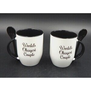World's Okayest Couple Coffee Tea Mugs Cups W/Spoons Black White Love & Laughter